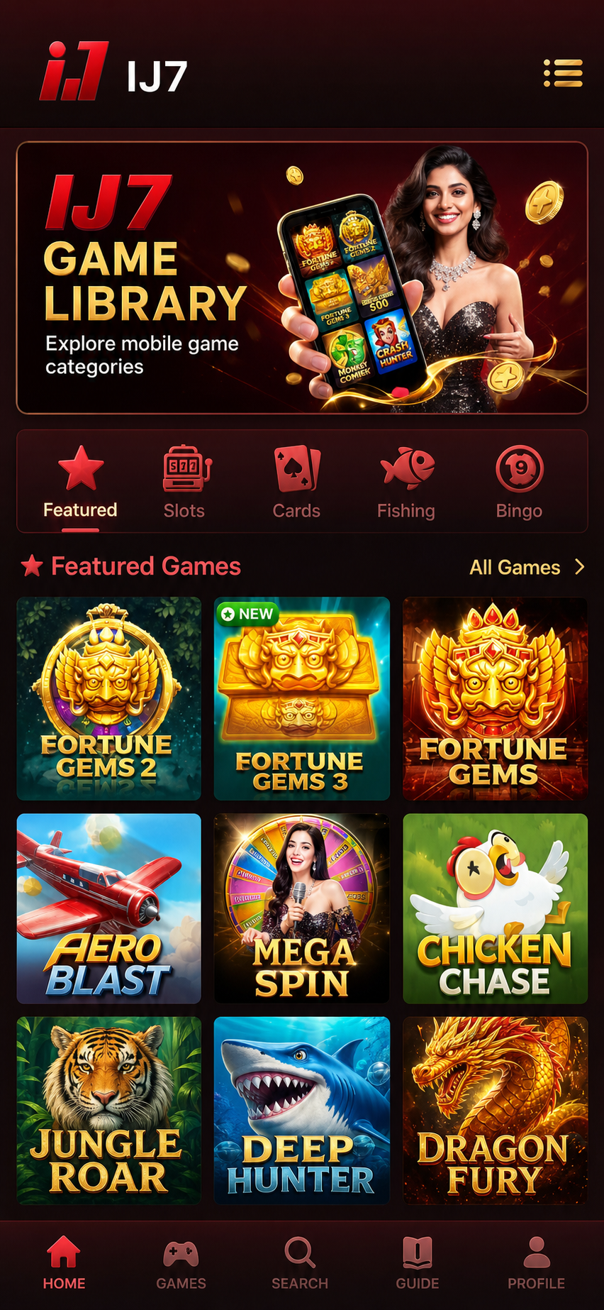 IJ7 Android app interface showing a game lobby, categories and mobile game tiles
